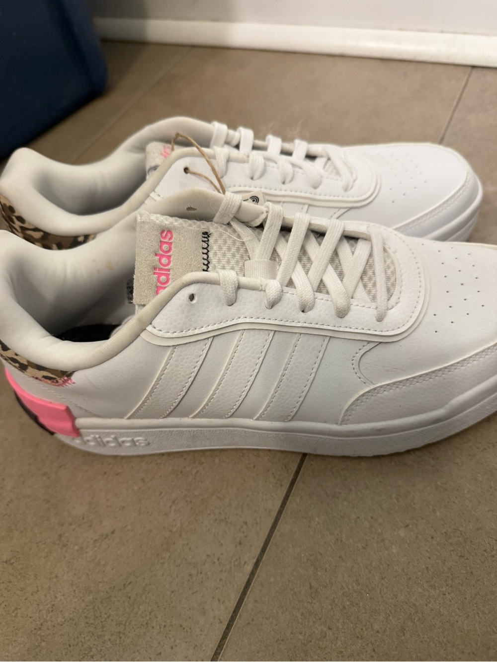 adidas White Sneakers with Pink Heel Accent and Leopard Collar